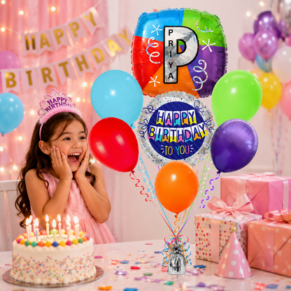 Customizable Alphabet "P" Square Shaped Balloon with Customized Name Stickers Bouquet Set of 7PC | Customizable Name Inital Balloons| Choose Your Name