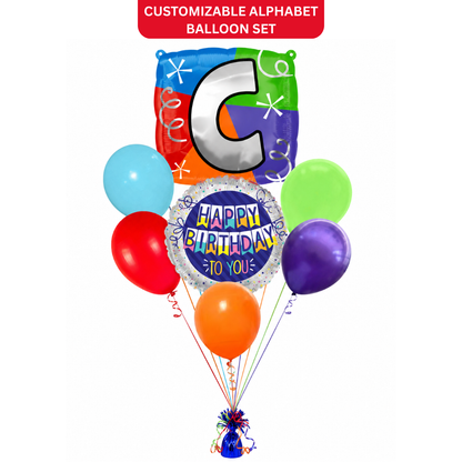 Customizable Alphabet "C" Square Shaped Balloon with Customized Name Stickers Bouquet Set of 7PC | Customizable Name Inital Balloons| Choose Your Name