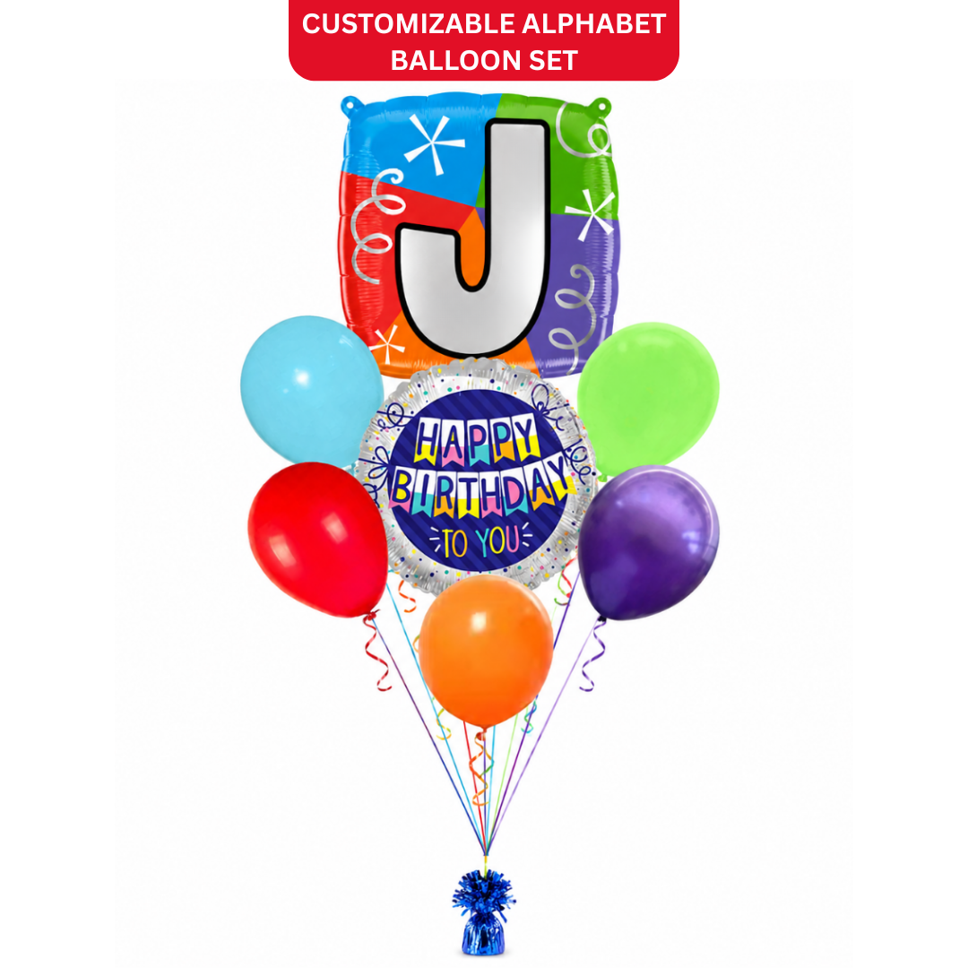 Customizable Alphabet "J" Square Shaped Balloon with Customized Name Stickers Bouquet Set of 7PC | Customizable Name Inital Balloons| Choose Your Name