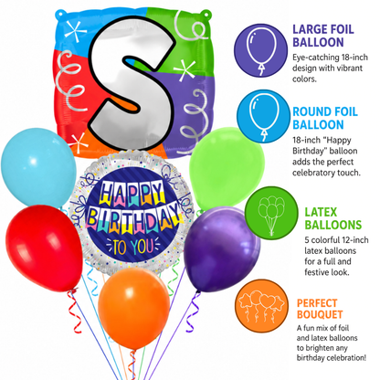 Customizable Alphabet "S" Square Shaped Balloon with Customized Name Stickers Bouquet Set of 7PC | Customizable Name Inital Balloons| Choose Your Name