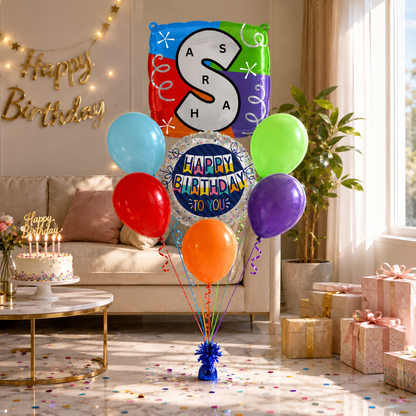 Customizable Alphabet "S" Square Shaped Balloon with Customized Name Stickers Bouquet Set of 7PC | Customizable Name Inital Balloons| Choose Your Name