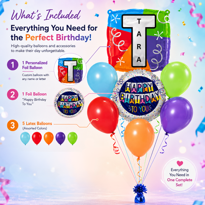 Customizable Alphabet "T" Square Shaped Balloon with Customized Name Stickers Bouquet Set of 7PC | Customizable Name Inital Balloons| Choose Your Name
