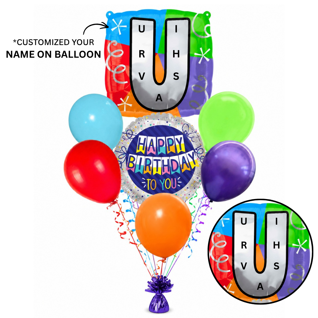 Customizable Alphabet "U" Square Shaped Balloon with Customized Name Stickers Bouquet Set of 7PC | Customizable Name Inital Balloons| Choose Your Name