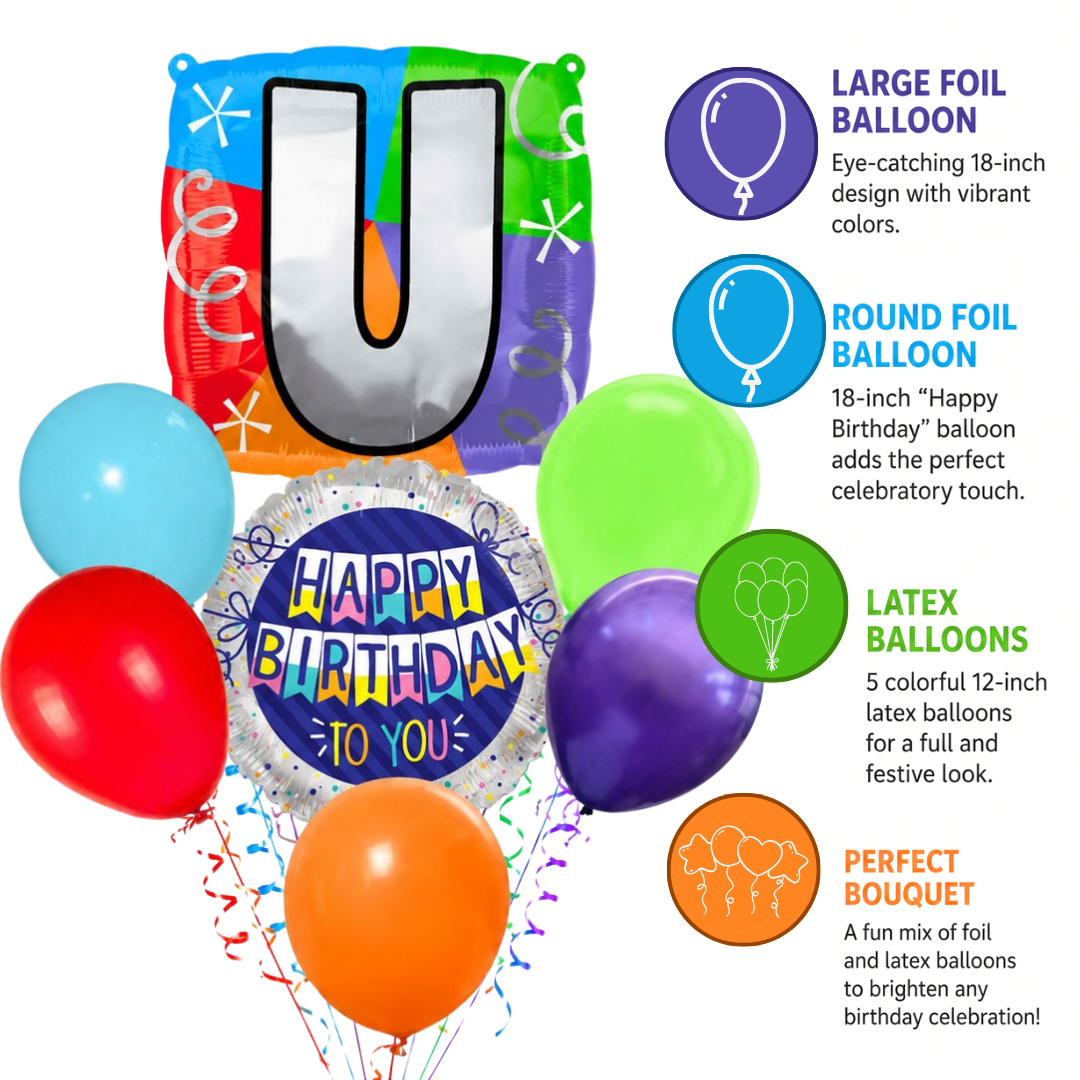 Customizable Alphabet "U" Square Shaped Balloon with Customized Name Stickers Bouquet Set of 7PC | Customizable Name Inital Balloons| Choose Your Name