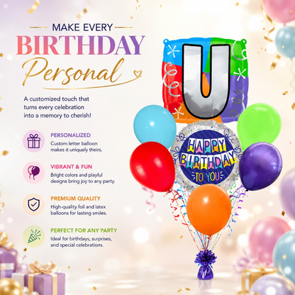Customizable Alphabet "U" Square Shaped Balloon with Customized Name Stickers Bouquet Set of 7PC | Customizable Name Inital Balloons| Choose Your Name