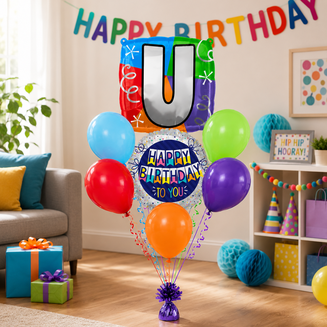 Customizable Alphabet "U" Square Shaped Balloon with Customized Name Stickers Bouquet Set of 7PC | Customizable Name Inital Balloons| Choose Your Name