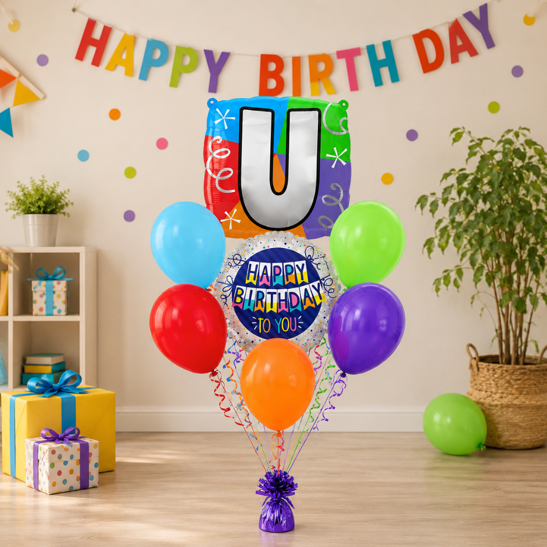 Customizable Alphabet "U" Square Shaped Balloon with Customized Name Stickers Bouquet Set of 7PC | Customizable Name Inital Balloons| Choose Your Name