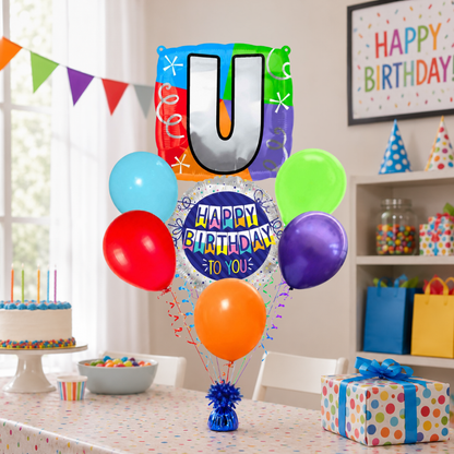 Customizable Alphabet "U" Square Shaped Balloon with Customized Name Stickers Bouquet Set of 7PC | Customizable Name Inital Balloons| Choose Your Name