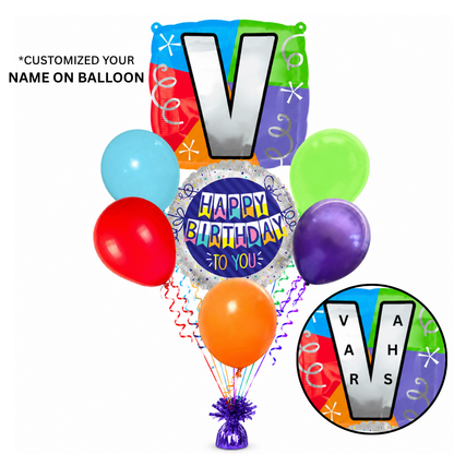 Customizable Alphabet "V" Square Shaped Balloon with Customized Name Stickers Bouquet Set of 7PC | Customizable Name Inital Balloons| Choose Your Name