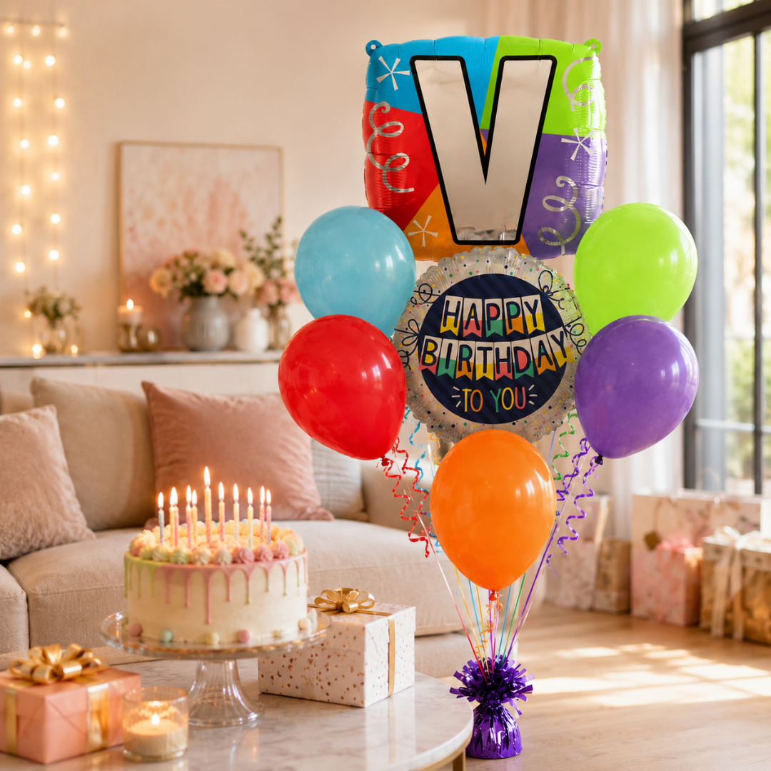 Customizable Alphabet "V" Square Shaped Balloon with Customized Name Stickers Bouquet Set of 7PC | Customizable Name Inital Balloons| Choose Your Name