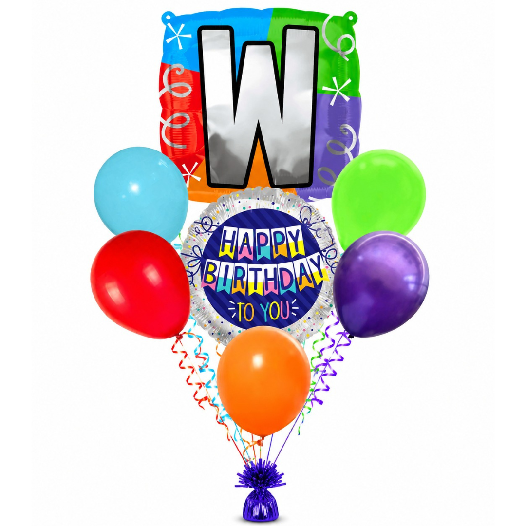 Customizable Alphabet "W" Square Shaped Balloon with Customized Name Stickers Bouquet Set of 7PC | Customizable Name Inital Balloons| Choose Your Name