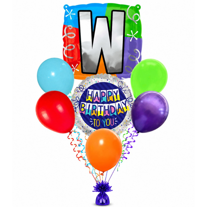 Customizable Alphabet "W" Square Shaped Balloon with Customized Name Stickers Bouquet Set of 7PC | Customizable Name Inital Balloons| Choose Your Name