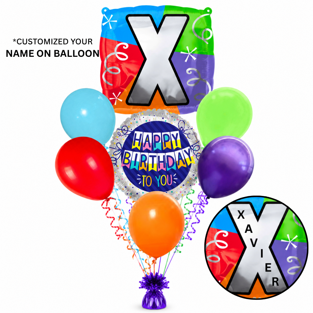 Customizable Alphabet "X" Square Shaped Balloon with Customized Name Stickers Bouquet Set of 7PC | Customizable Name Inital Balloons| Choose Your Name