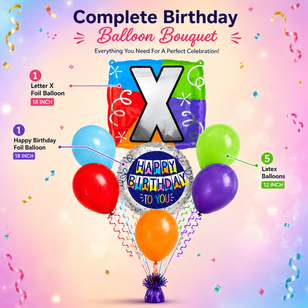 Customizable Alphabet "X" Square Shaped Balloon with Customized Name Stickers Bouquet Set of 7PC | Customizable Name Inital Balloons| Choose Your Name