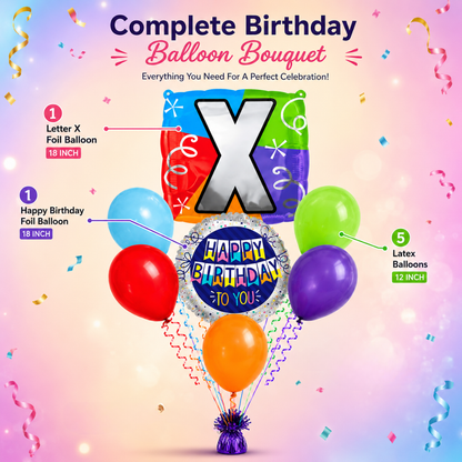 Customizable Alphabet "X" Square Shaped Balloon with Customized Name Stickers Bouquet Set of 7PC | Customizable Name Inital Balloons| Choose Your Name
