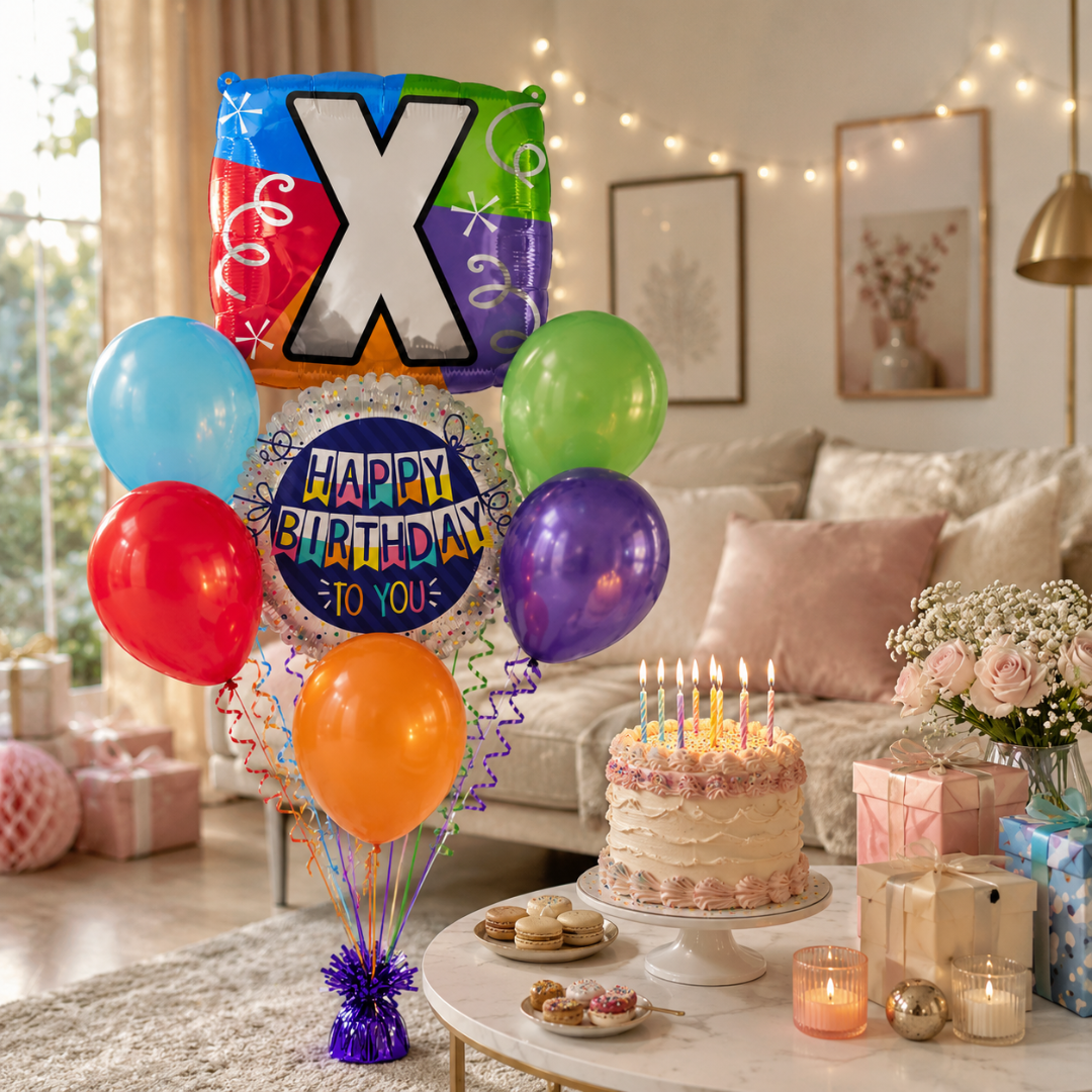 Customizable Alphabet "X" Square Shaped Balloon with Customized Name Stickers Bouquet Set of 7PC | Customizable Name Inital Balloons| Choose Your Name