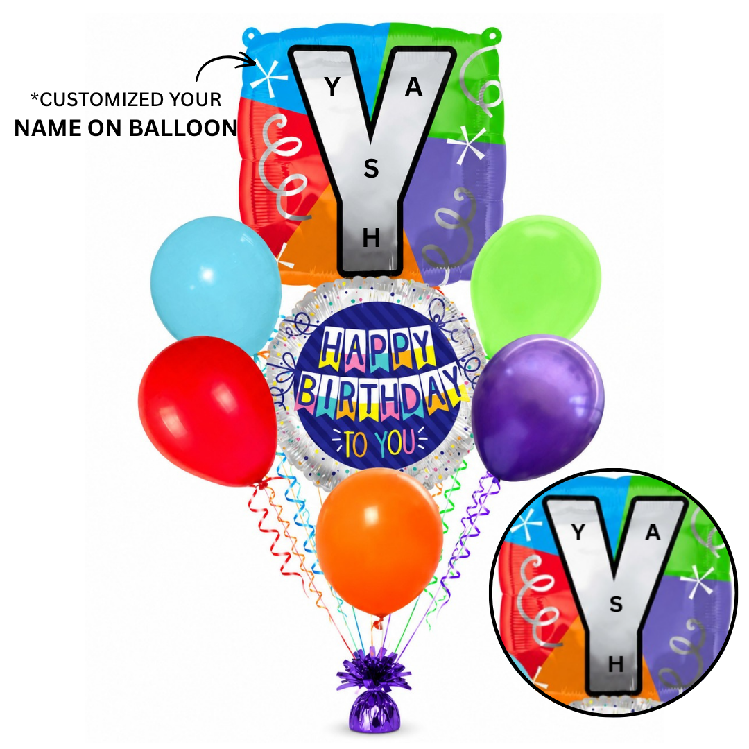 Customizable Alphabet "Y" Square Shaped Balloon with Customized Name Stickers Bouquet Set of 7PC | Customizable Name Inital Balloons| Choose Your Name