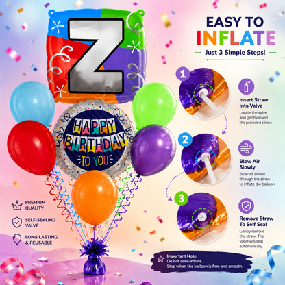 Customizable Alphabet "Z" Square Shaped Balloon with Customized Name Stickers Bouquet Set of 7PC | Customizable Name Inital Balloons| Choose Your Name