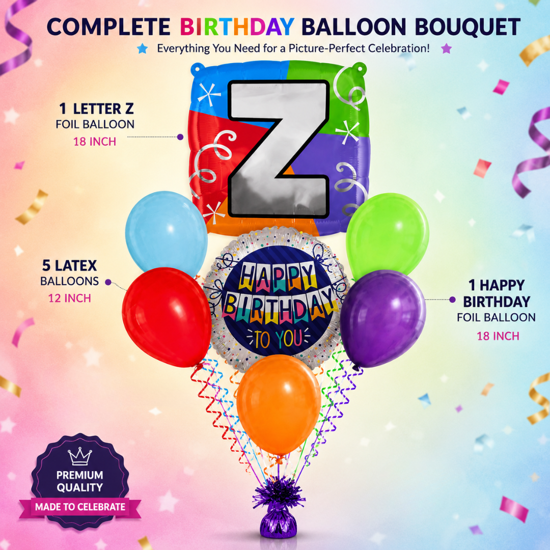 Customizable Alphabet "Z" Square Shaped Balloon with Customized Name Stickers Bouquet Set of 7PC | Customizable Name Inital Balloons| Choose Your Name