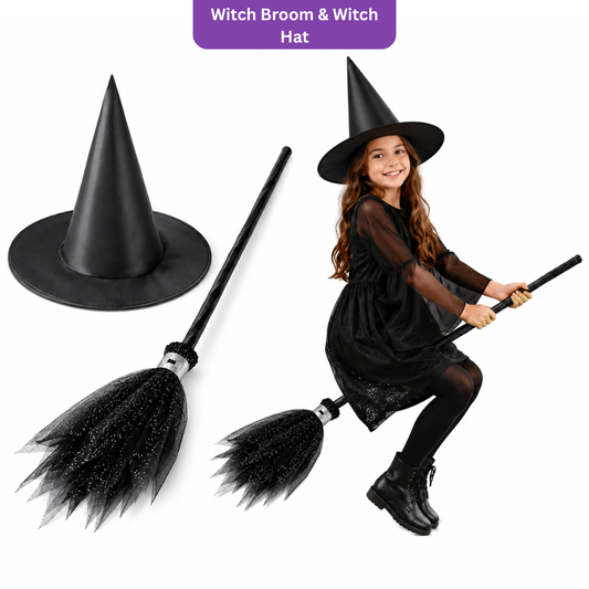 Black Witch Hat & Broom Set - 2PC