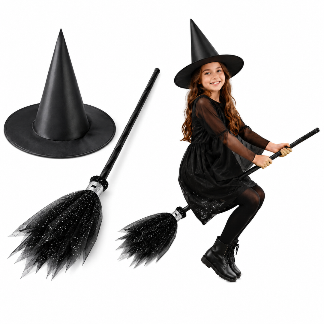 Black Witch Hat & Broom Set - 2PC