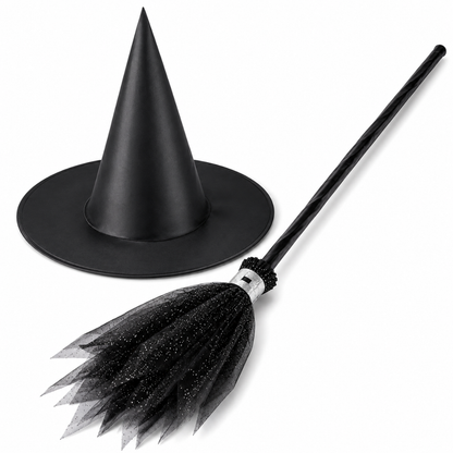 Black Witch Hat & Broom Set - 2PC