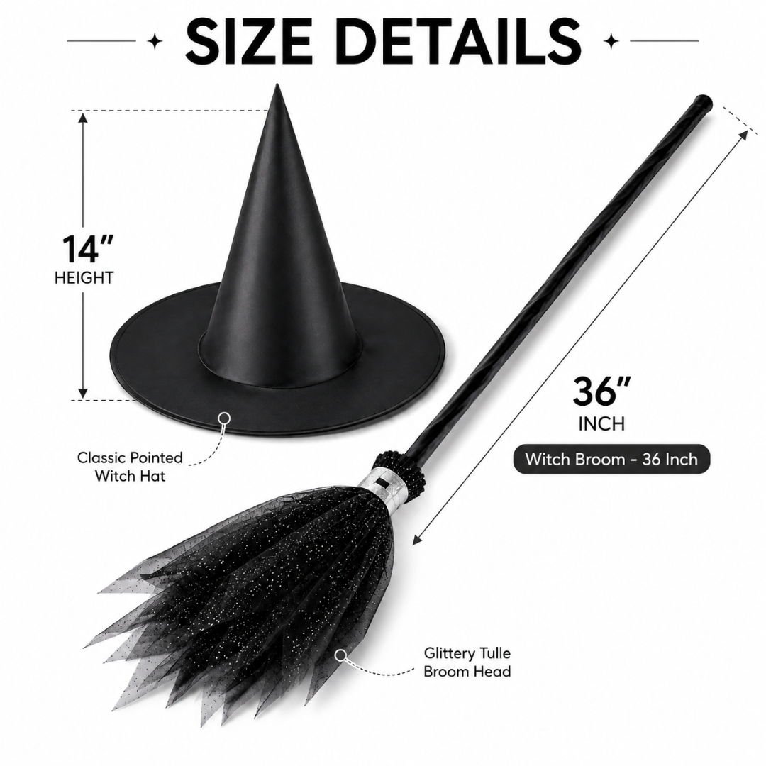 Black Witch Hat & Broom Set - 2PC