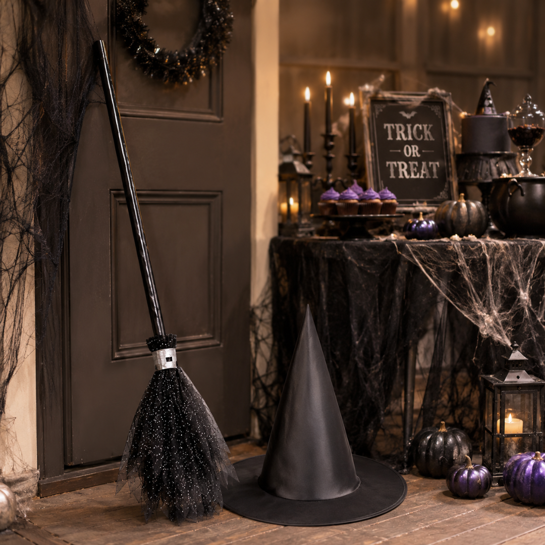Black Witch Hat & Broom Set - 2PC