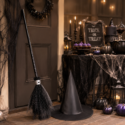 Black Witch Hat & Broom Set - 2PC