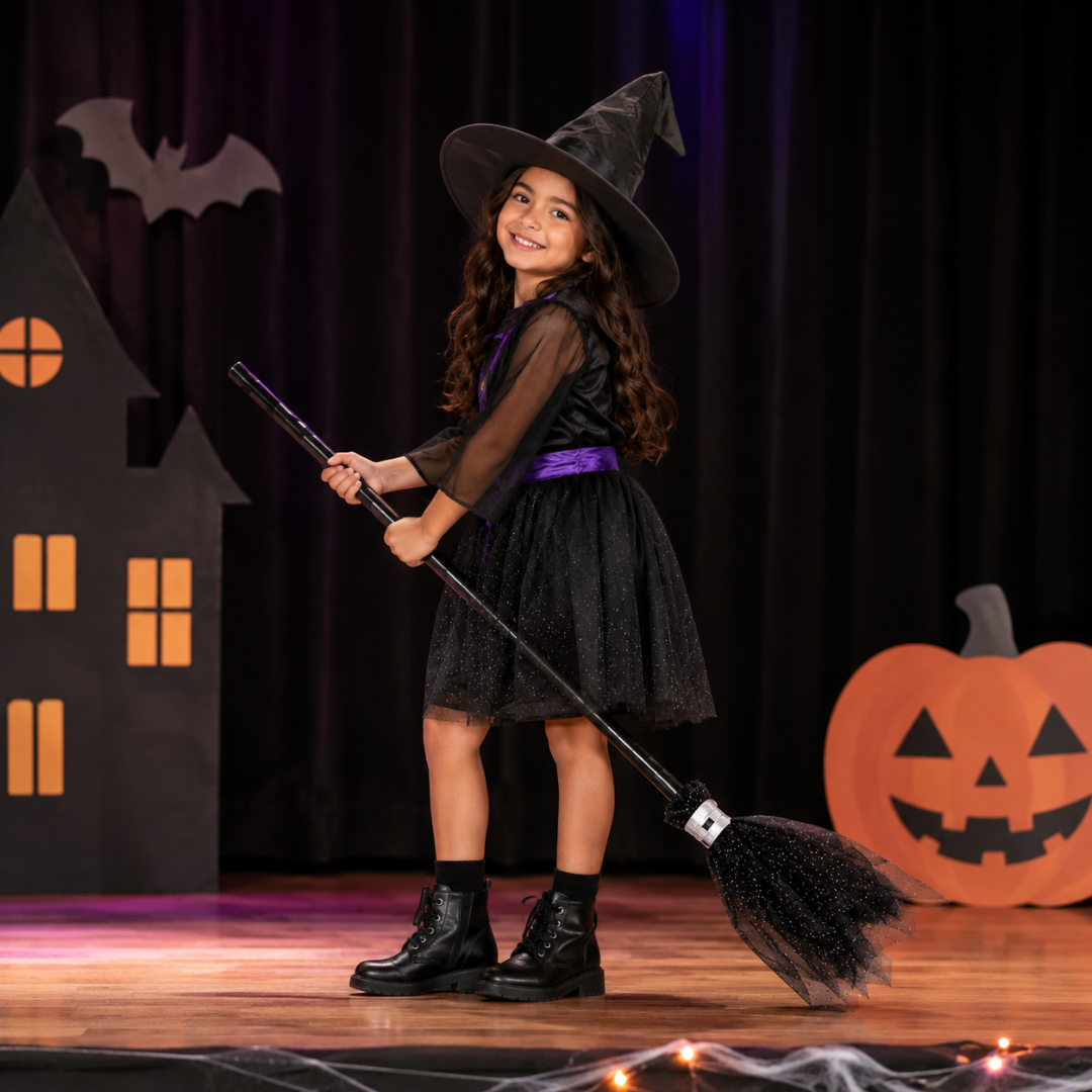 Black Witch Hat & Broom Set - 2PC