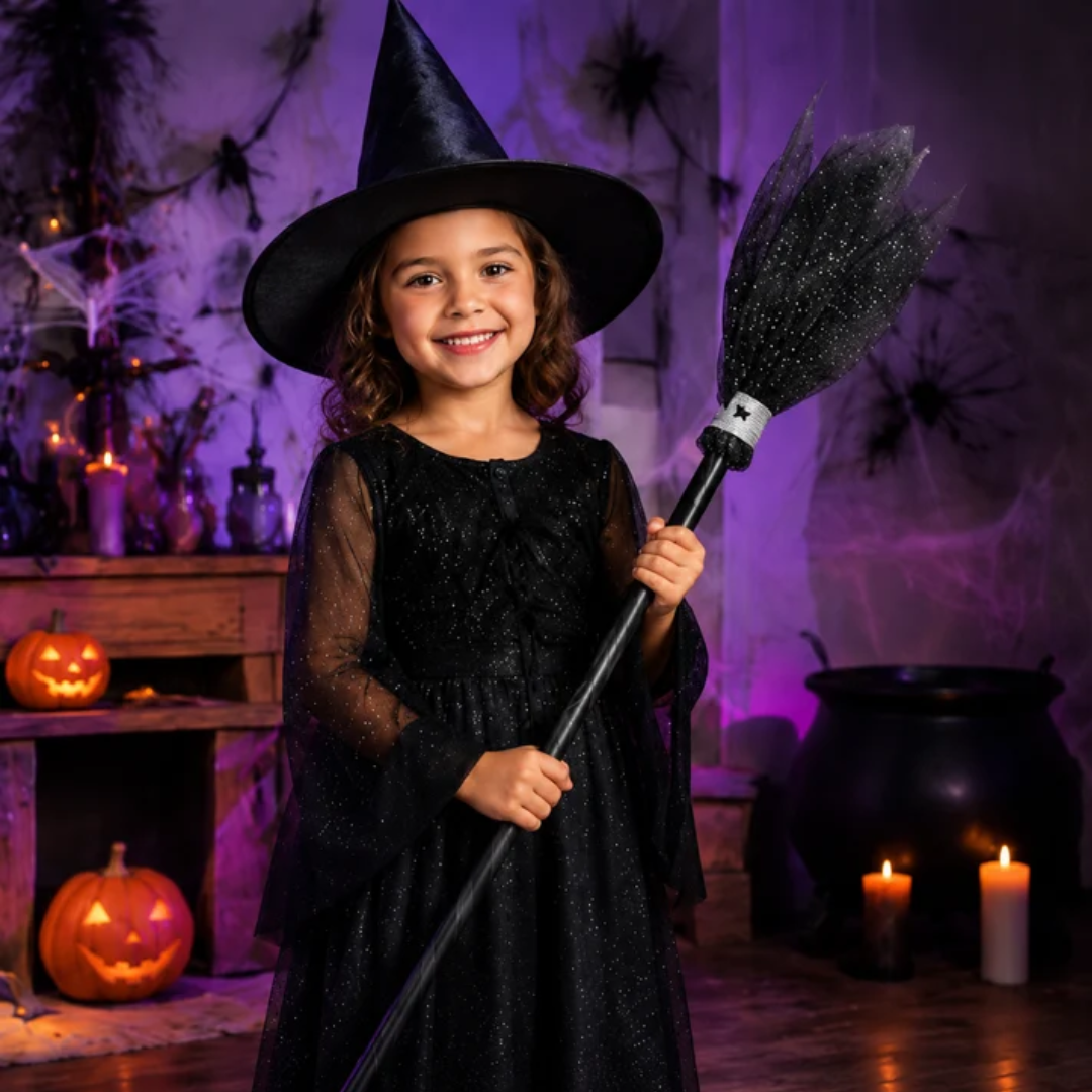 Black Witch Hat & Broom Set - 2PC