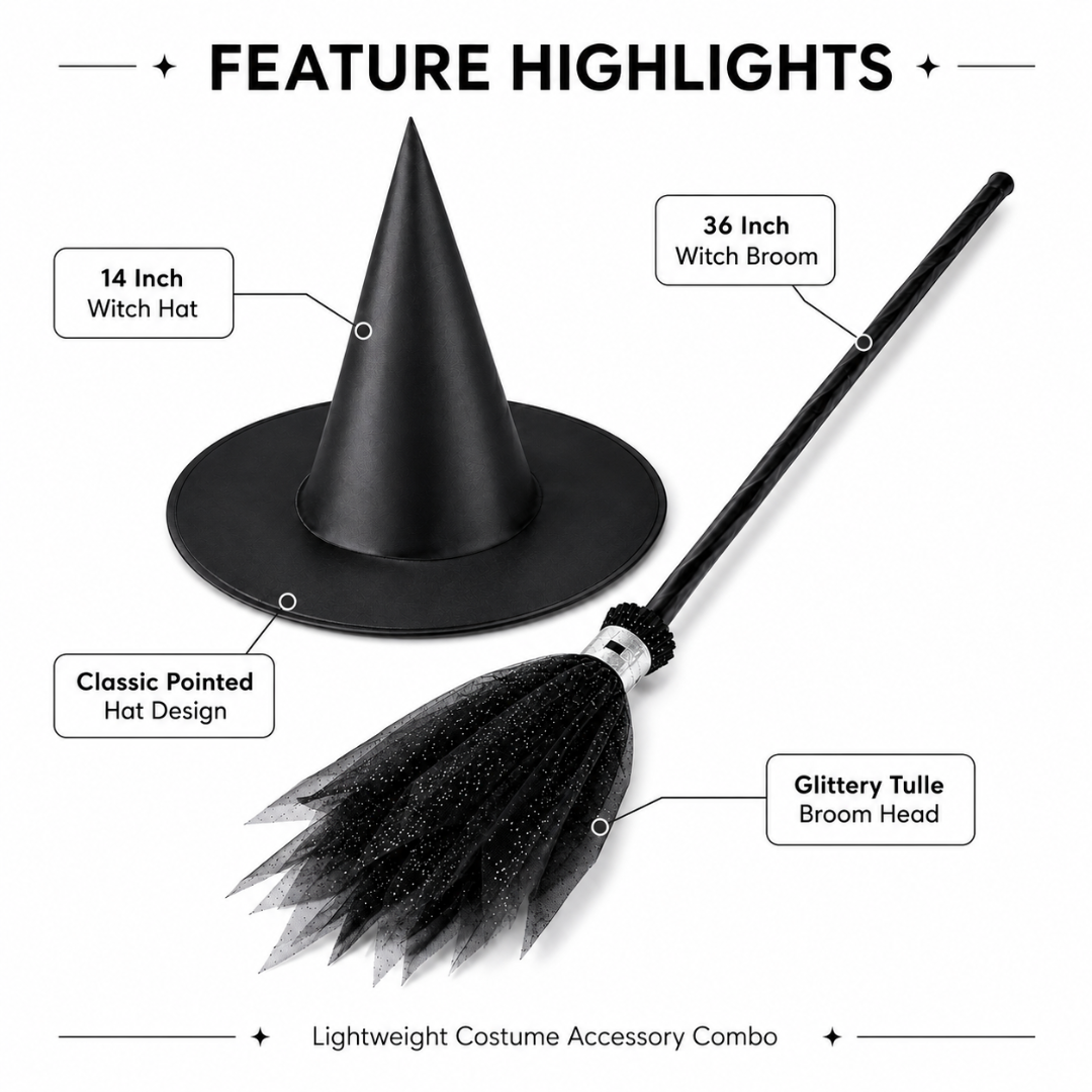 Black Witch Hat & Broom Set - 2PC