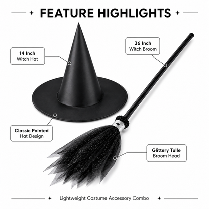Black Witch Hat & Broom Set - 2PC