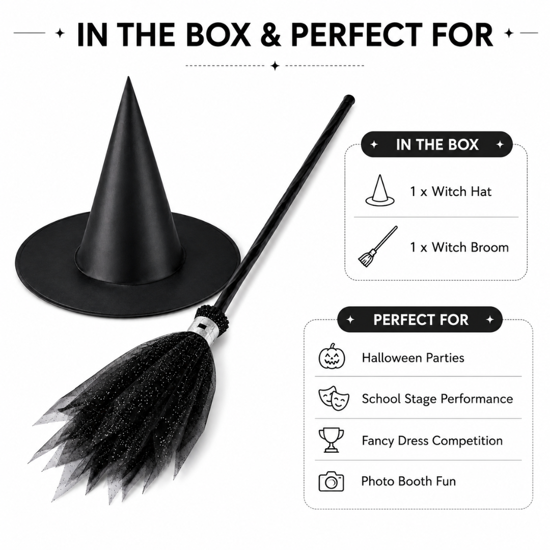 Black Witch Hat & Broom Set - 2PC