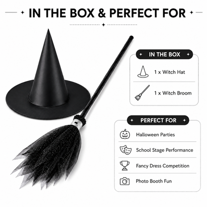 Black Witch Hat & Broom Set - 2PC