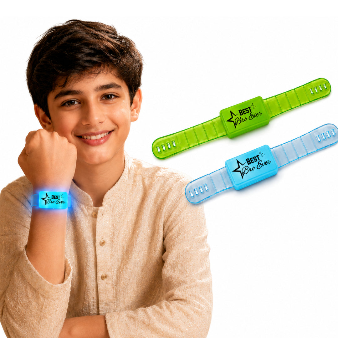 Best Bro Ever LED Light-Up Wrist Band Rakhi for Brother | Blue or Green Assorted Color - 1PC