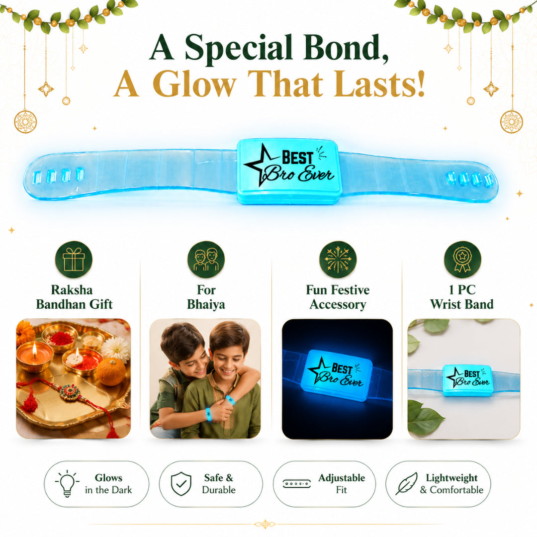 Best Bro Ever LED Light-Up Wrist Band Rakhi for Brother | Blue or Green Assorted Color - 1PC