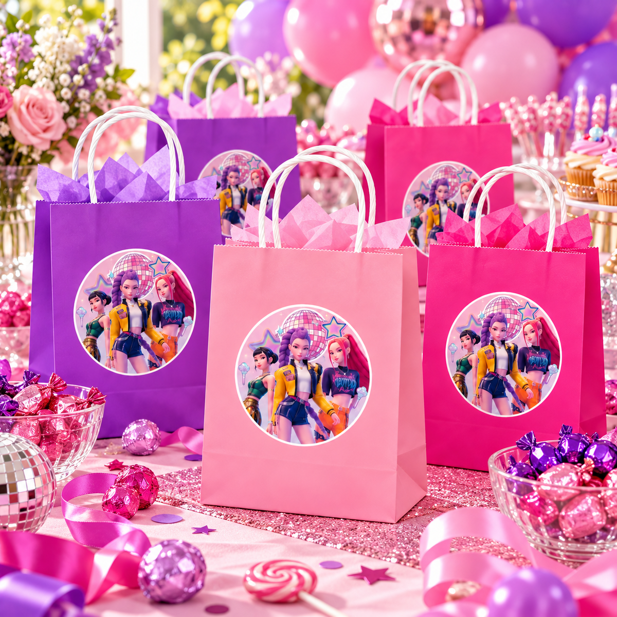 K-Pop Inspired Assorted Colour Gift Bags – Pack of 12 | Pop Star Theme Birthday Party Return Gift Bags