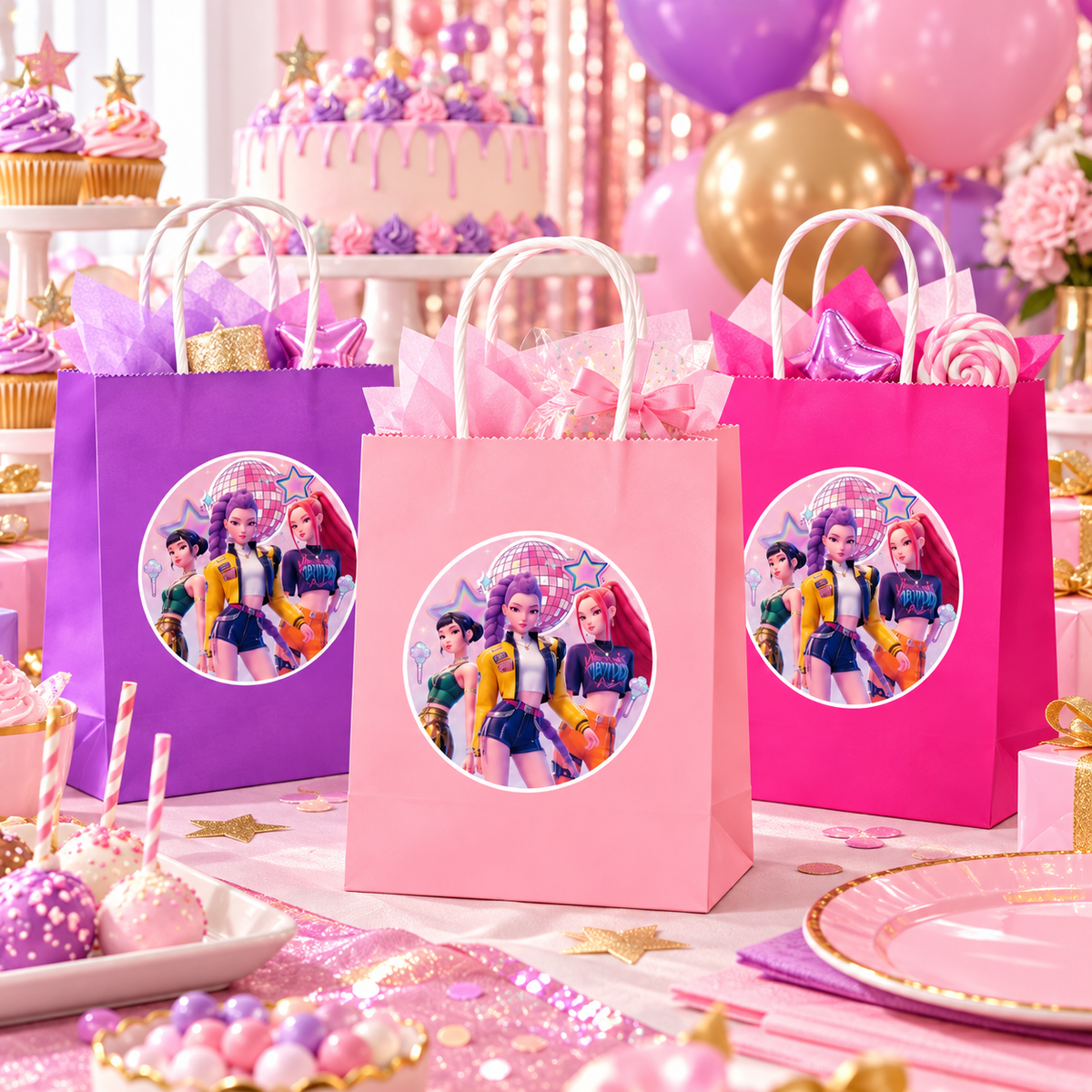 K-Pop Inspired Assorted Colour Gift Bags – Pack of 12 | Pop Star Theme Birthday Party Return Gift Bags