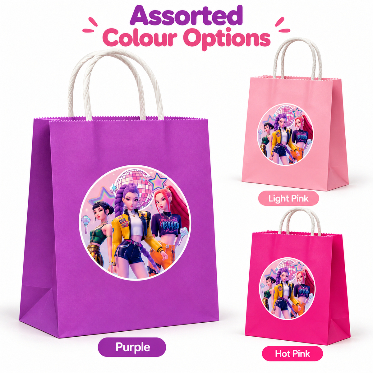 K-Pop Inspired Assorted Colour Gift Bags – Pack of 12 | Pop Star Theme Birthday Party Return Gift Bags