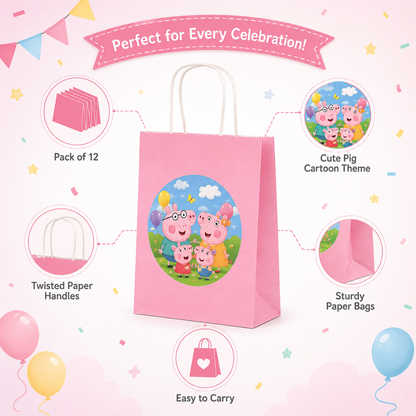 Cute Pig Cartoon Pink Gift Bags - 12PC