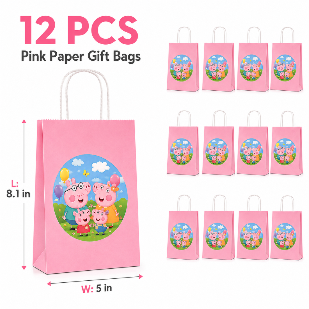 Cute Pig Cartoon Pink Gift Bags - 12PC