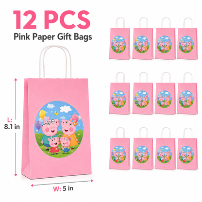 Cute Pig Cartoon Pink Gift Bags - 12PC