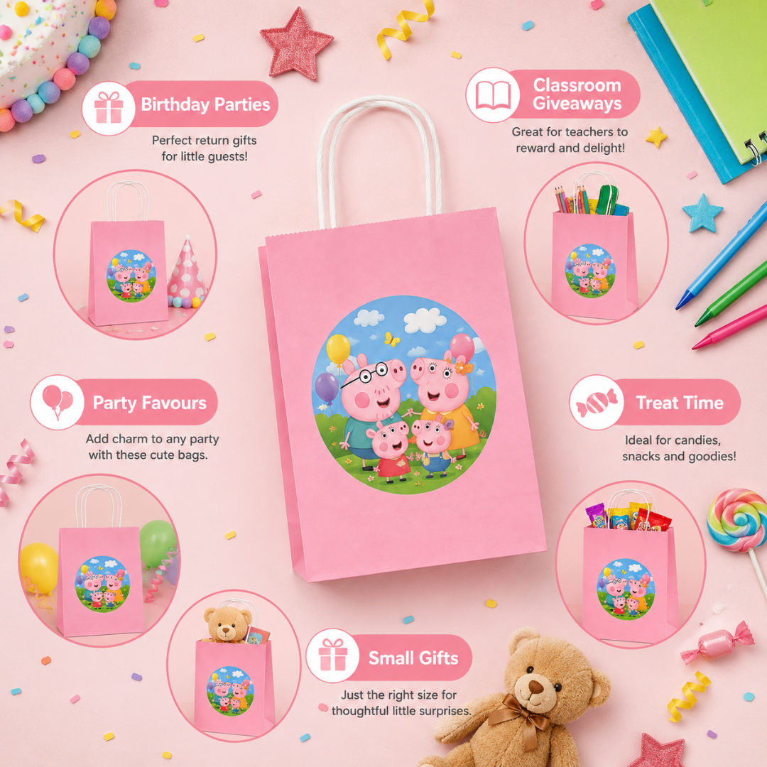 Cute Pig Cartoon Pink Gift Bags - 12PC