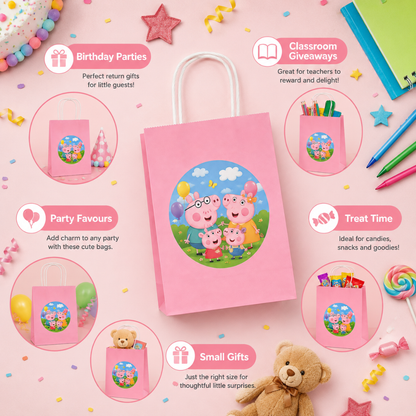 Cute Pig Cartoon Pink Gift Bags - 12PC