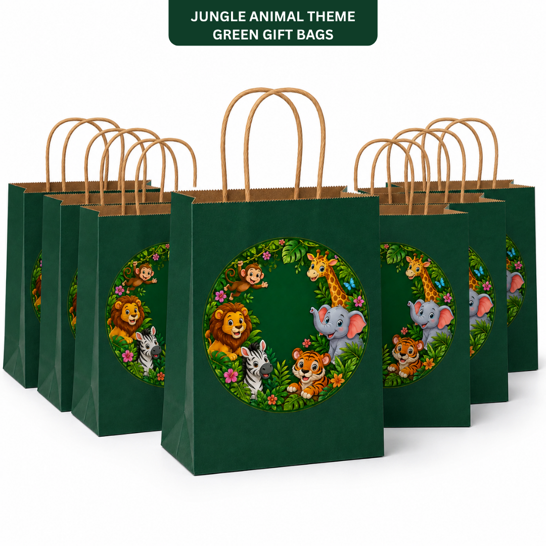 Jungle Animal Theme Green Gift Bags - 12PC