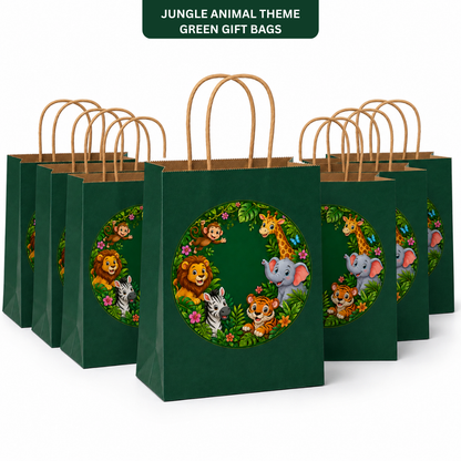 Jungle Animal Theme Green Gift Bags - 12PC