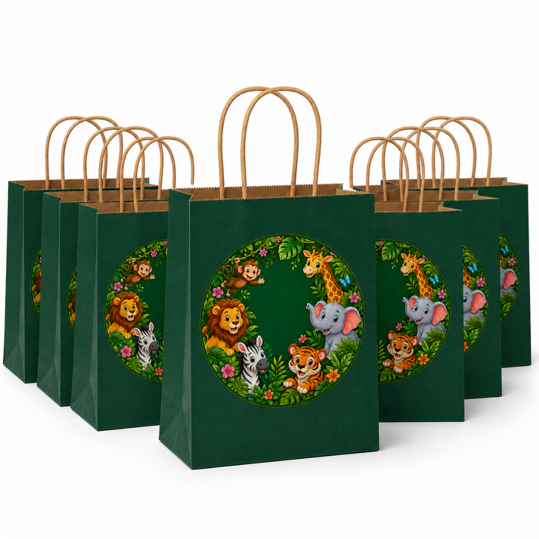 Jungle Animal Theme Green Gift Bags - 12PC