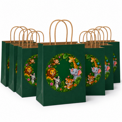 Jungle Animal Theme Green Gift Bags - 12PC