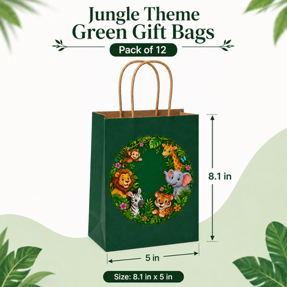 Jungle Animal Theme Green Gift Bags - 12PC